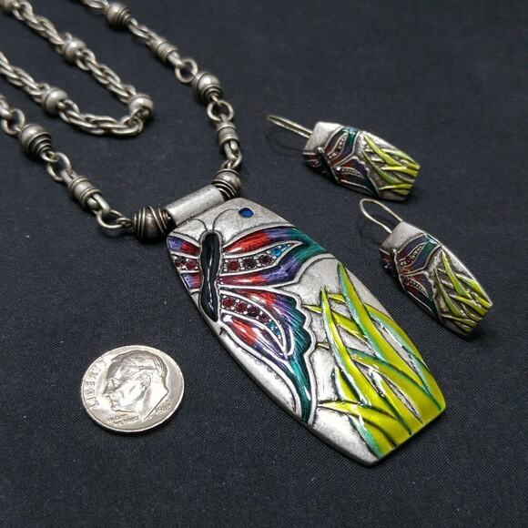 Chico's Butterfly Enamel Rhinestone Pendant Necklace Earrings Set, 21" & 1 1/2" - Picture 9 of 10